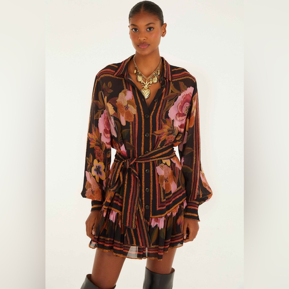 FARM Rio Black Chenille Flowers Belted
Long Sleeve Mini Dress - NWT
